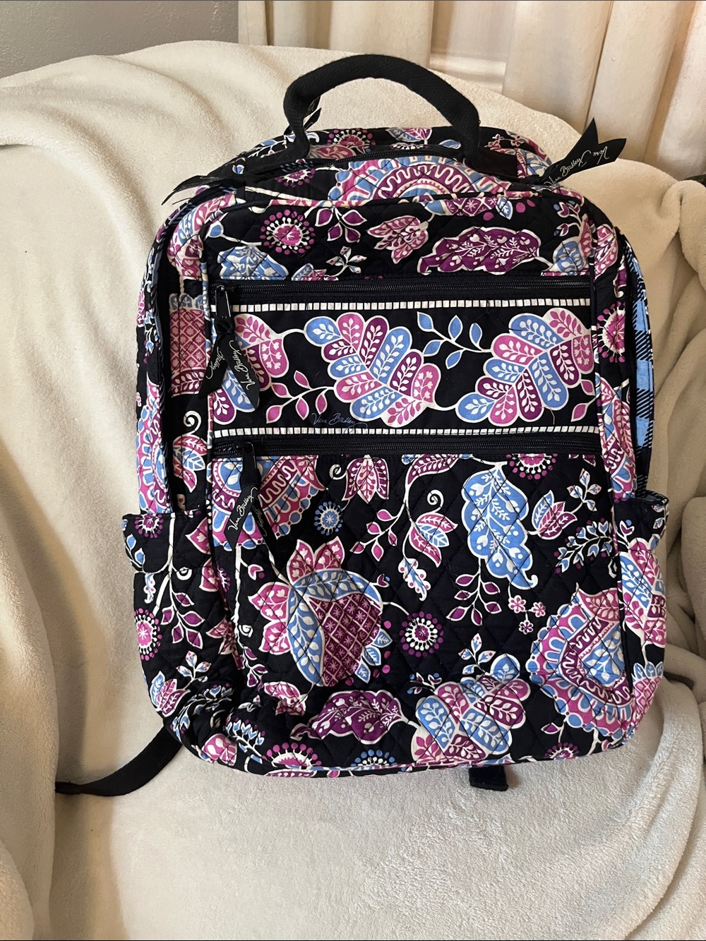 Vera Bradley Quilted Floral Backpack - Black with Pink & Blue Accents